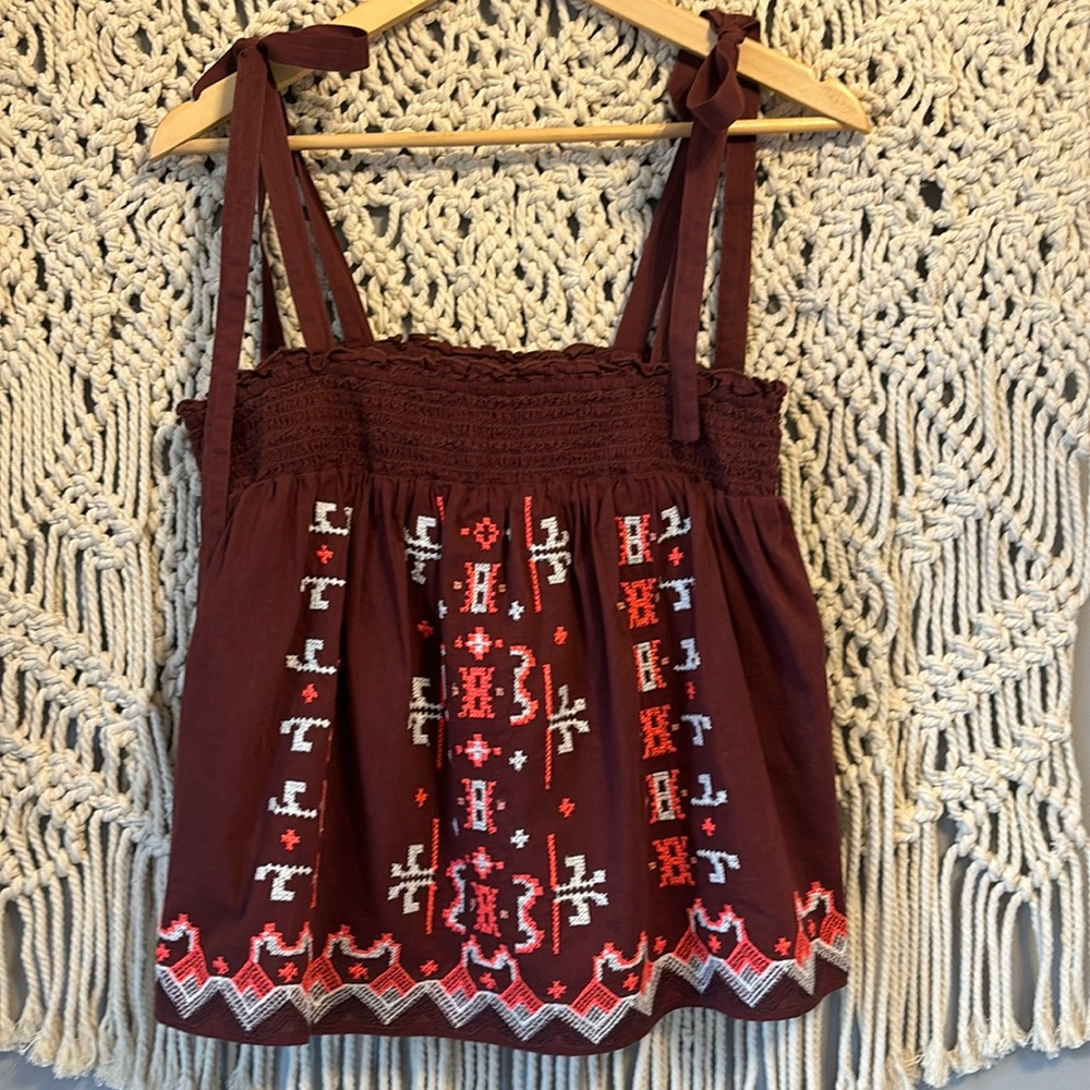 Anthropologie Maroon Embroidered Tie-Shoulder Tank